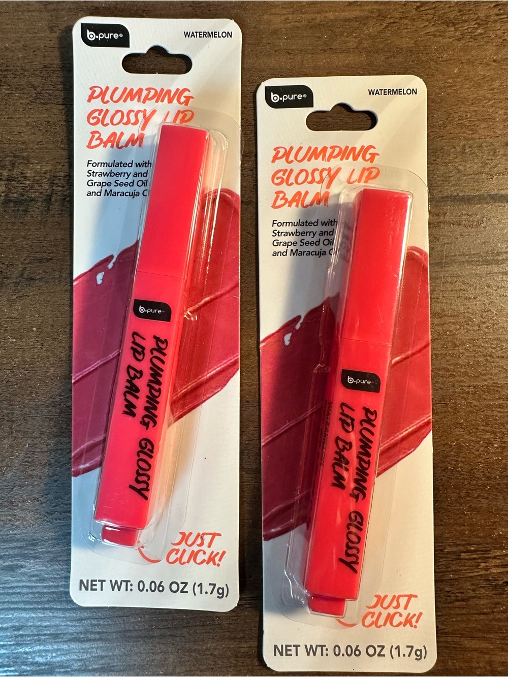 B PURE 2pk Plumping Glossy Lip Balm ~ Watermelon ~ Strawberry & Grape Seed Oil